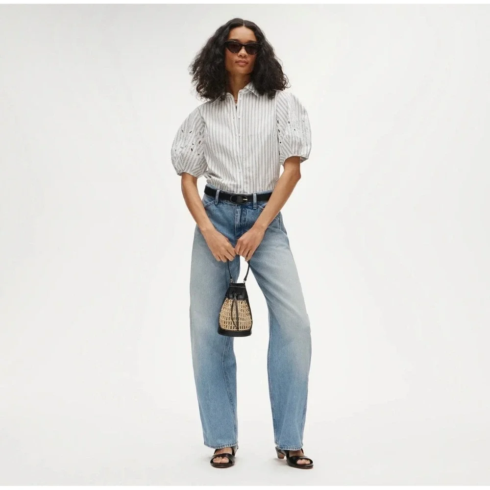 J Crew 6 Striped Cotton Poplin Eyelet Embroidered Puff Sleeve Shirt Top Button